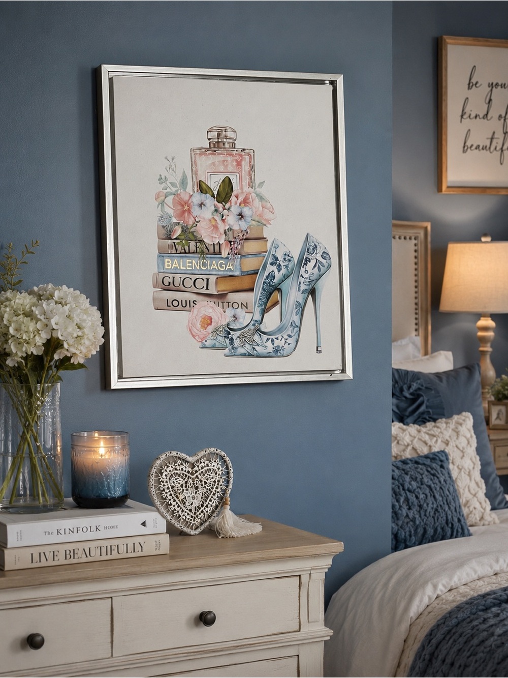 Elegant Framed Wall Art - Blue Floral Heels Print